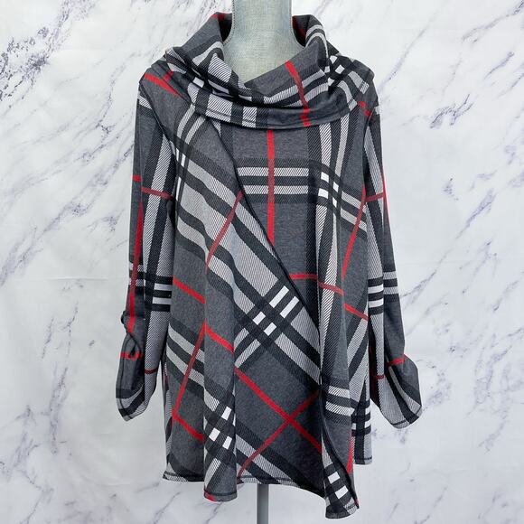 Ali Miles | Plaid Print Cowl Neckline 3/4 Sleeve Poncho | 1X - Picture 1 of 12